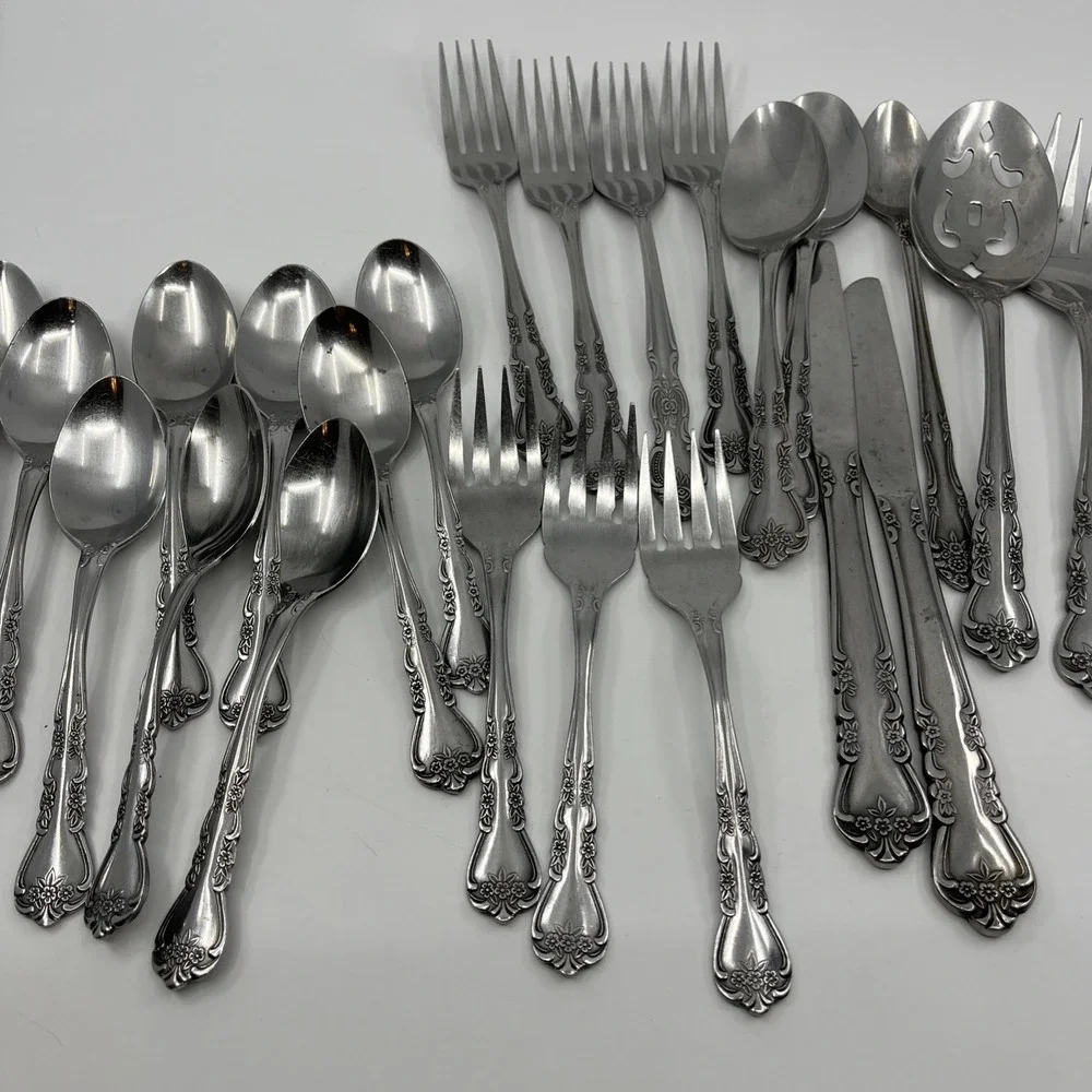 24 Rogers Rose Floral Glossy Stainless Flatware And Serving Spoon Fork Korea Vtg